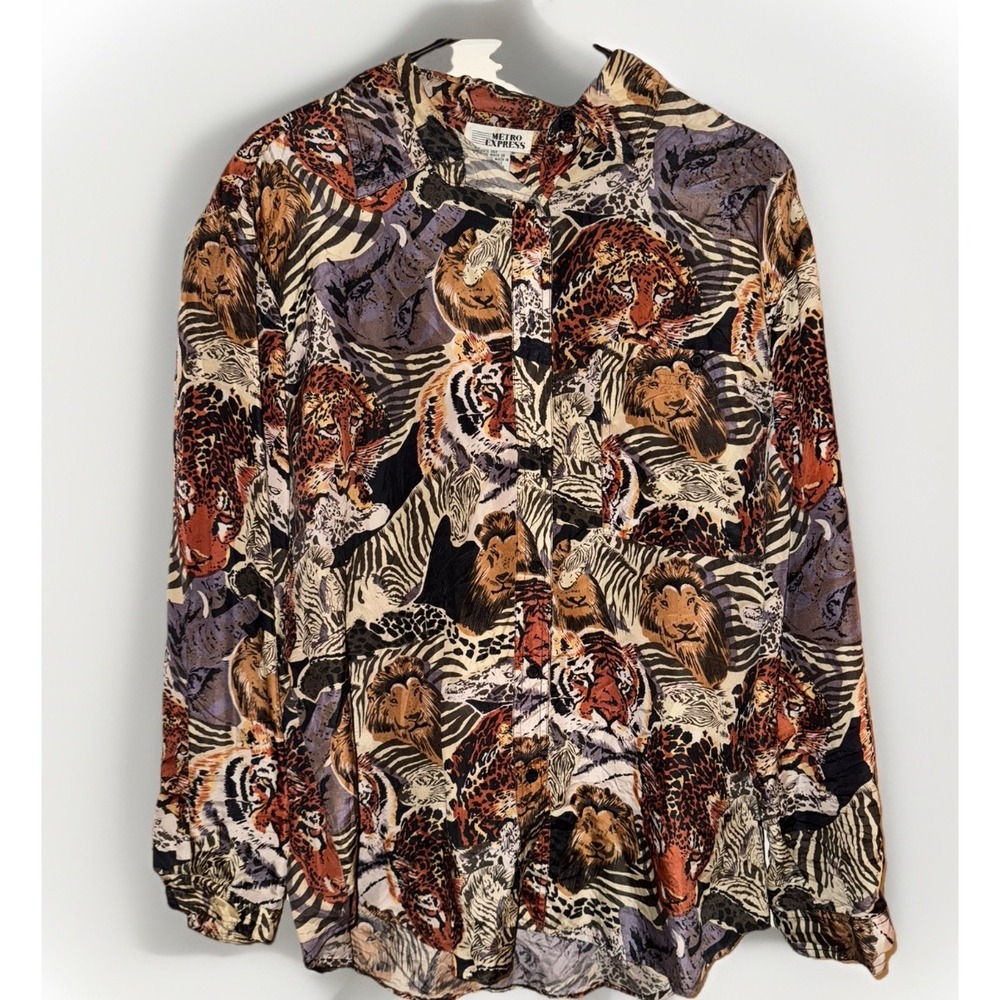 Metro Club Silk Blouse Safari Animals Long Tiger Zebra Cheetah Vintage size M